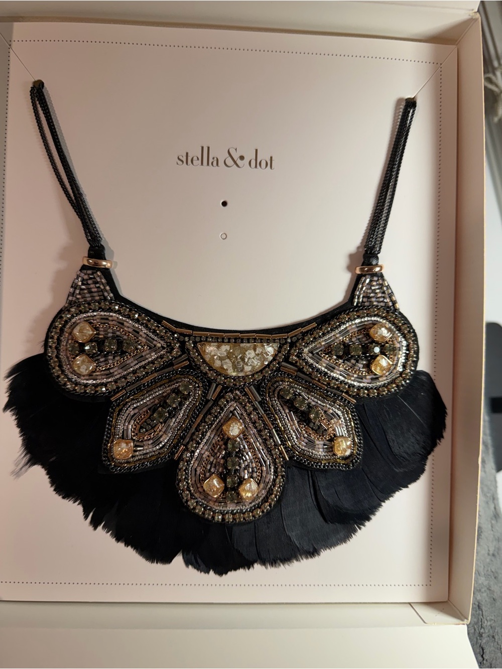 Stella & Dot Black Feather and Gold Beaded Statement Necklace
